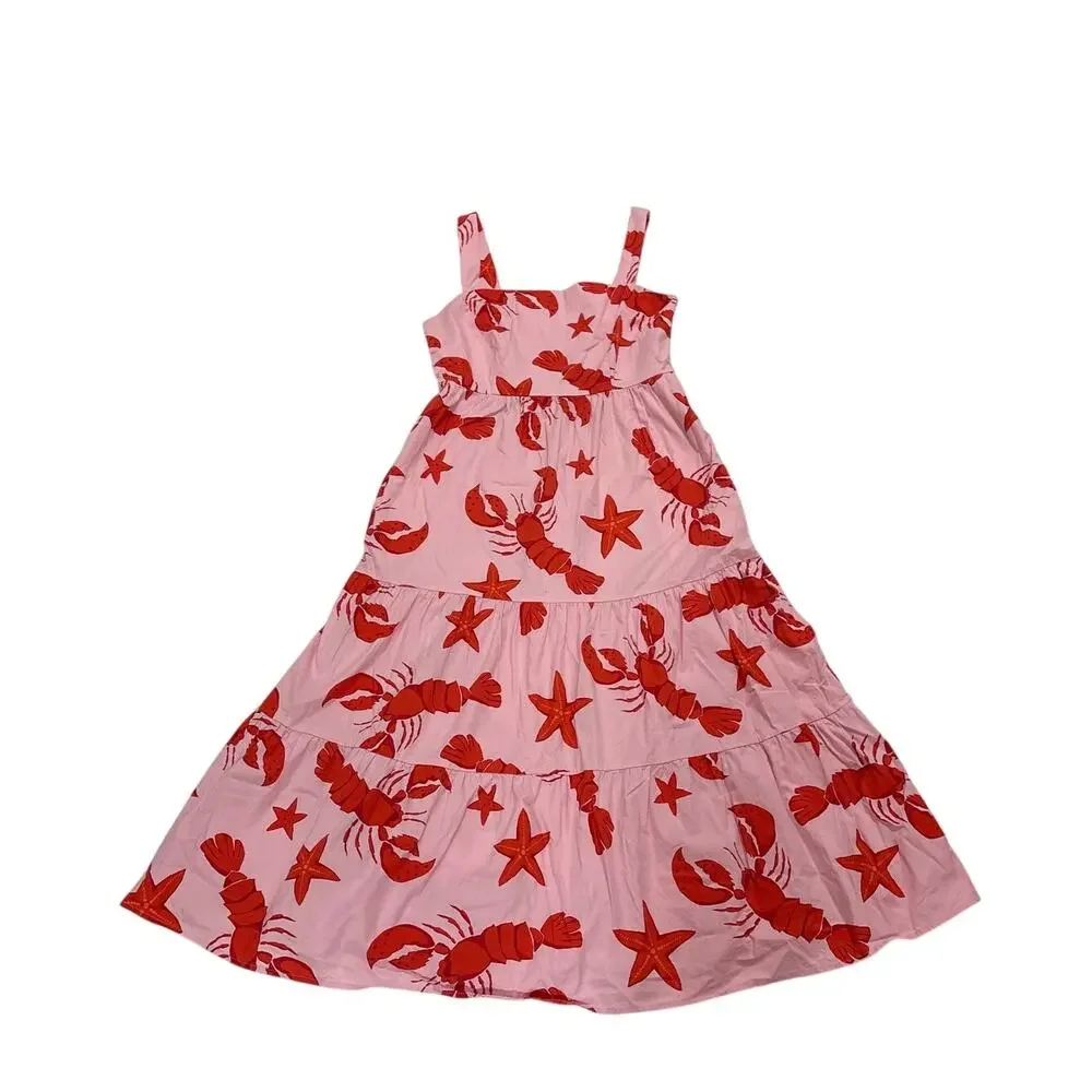 J.Crew Womens 6 Pink Red Lobster Print Tiered Midi Dress Vacation Girly Beachy